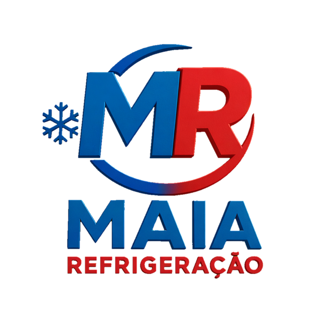Maia Refrigeração logo featuring blue and red letters MR with a snowflake symbol and curved accent, company name in Portuguese below